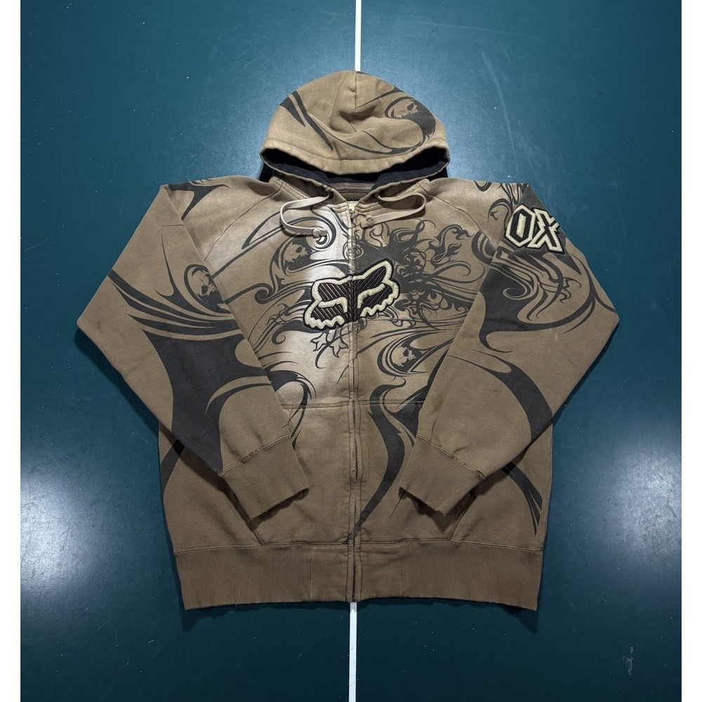 Vintage Fox Racing Full Zip‎ Hoodie Mens XL Faded Brown Tribal Skull AOP Rare